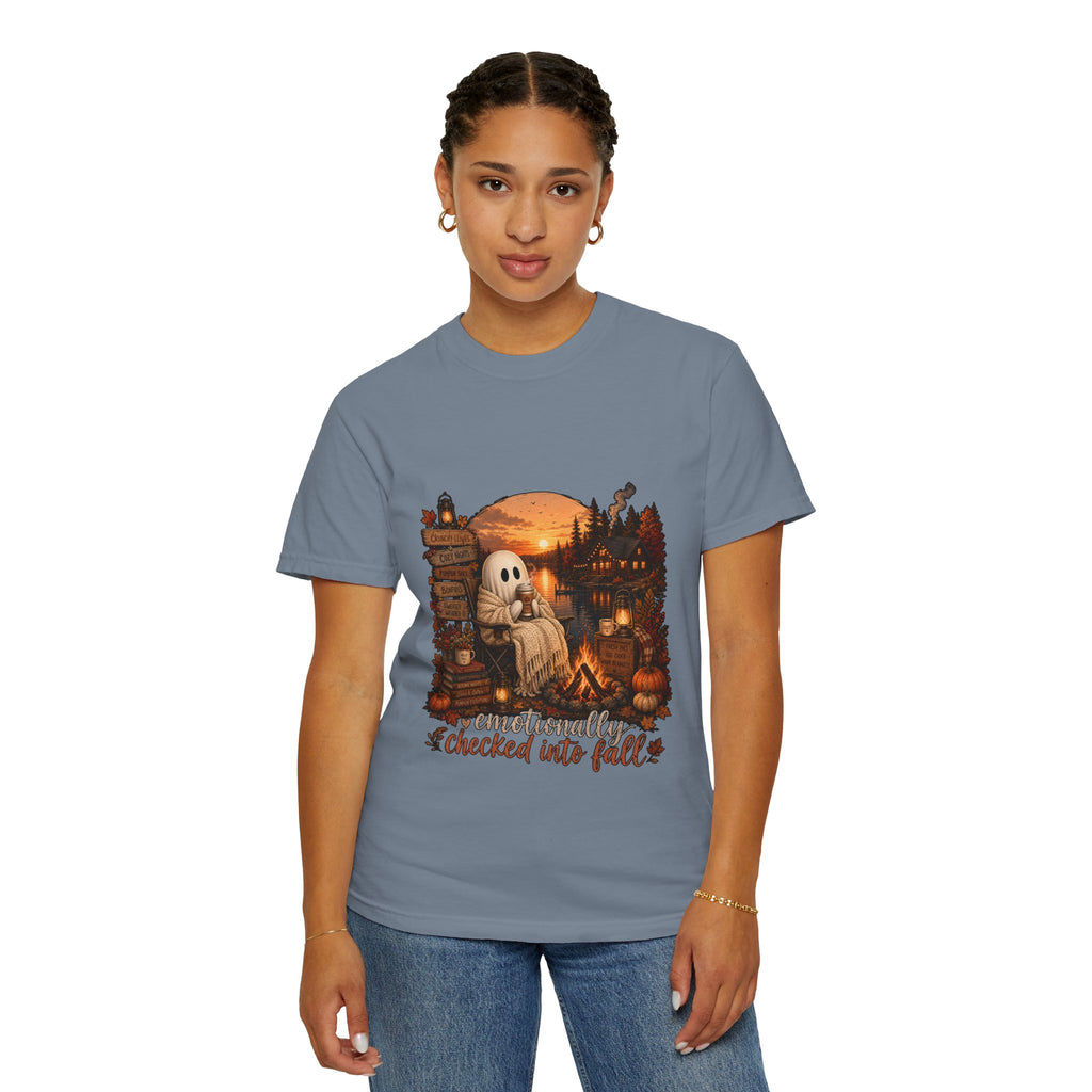 Checked Into Fall T-Shirt — Cozy Ghost Autumn Graphic Tee