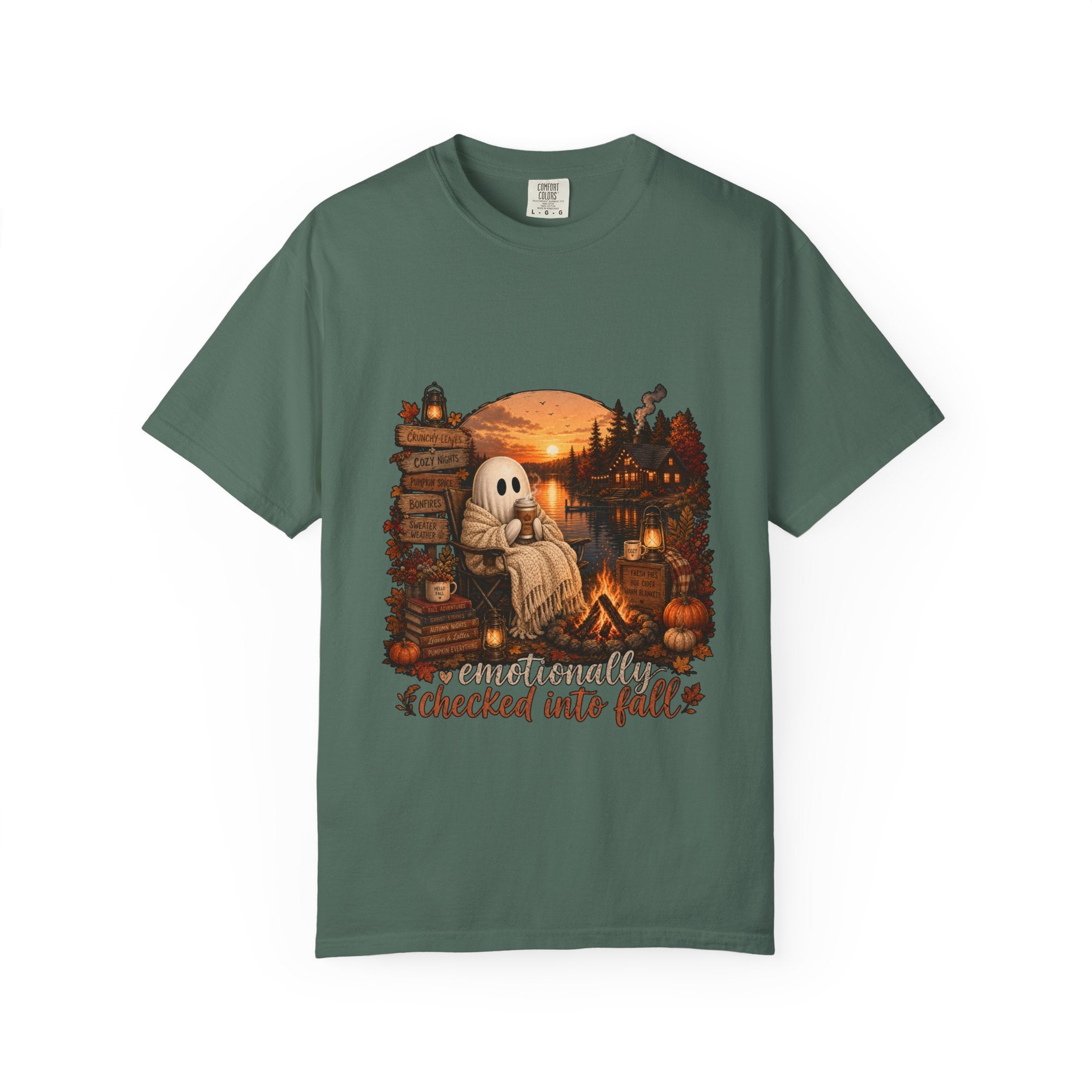 Checked Into Fall T-Shirt — Cozy Ghost Autumn Graphic Tee