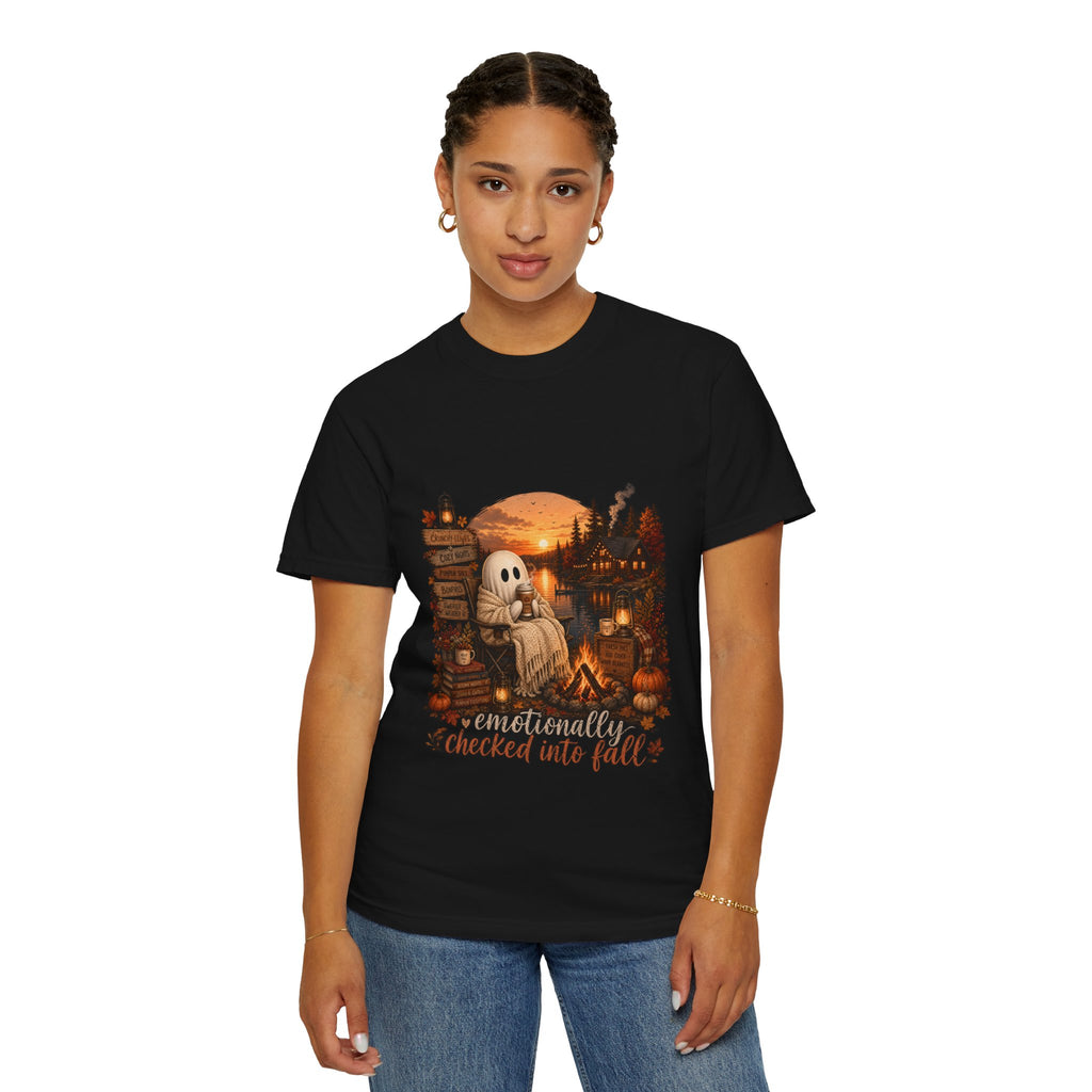 Checked Into Fall T-Shirt — Cozy Ghost Autumn Graphic Tee