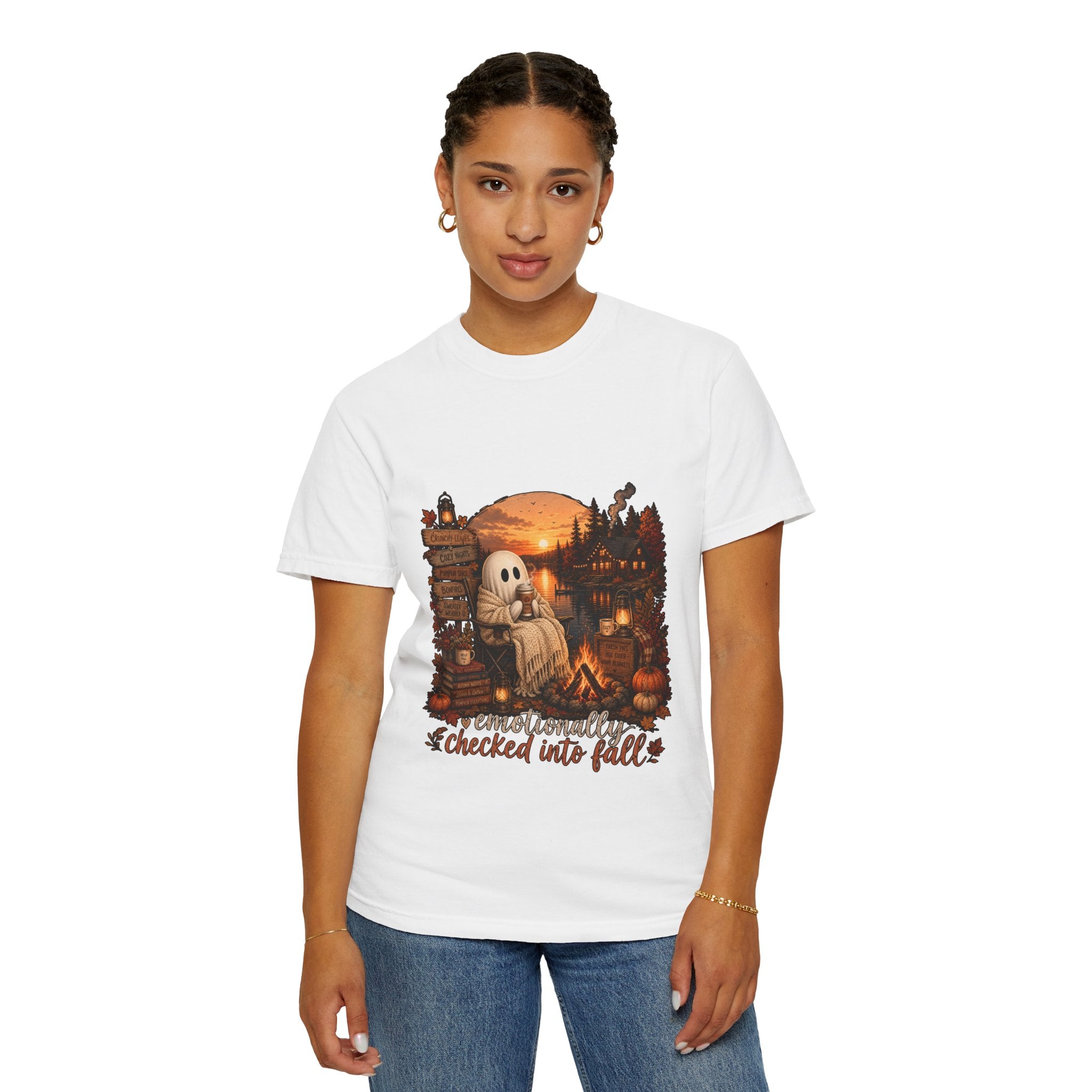 Checked Into Fall T-Shirt — Cozy Ghost Autumn Graphic Tee