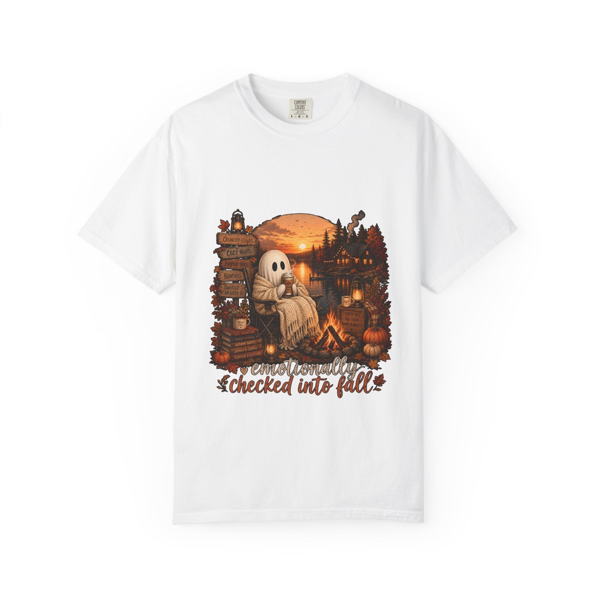 Checked Into Fall T-Shirt — Cozy Ghost Autumn Graphic Tee