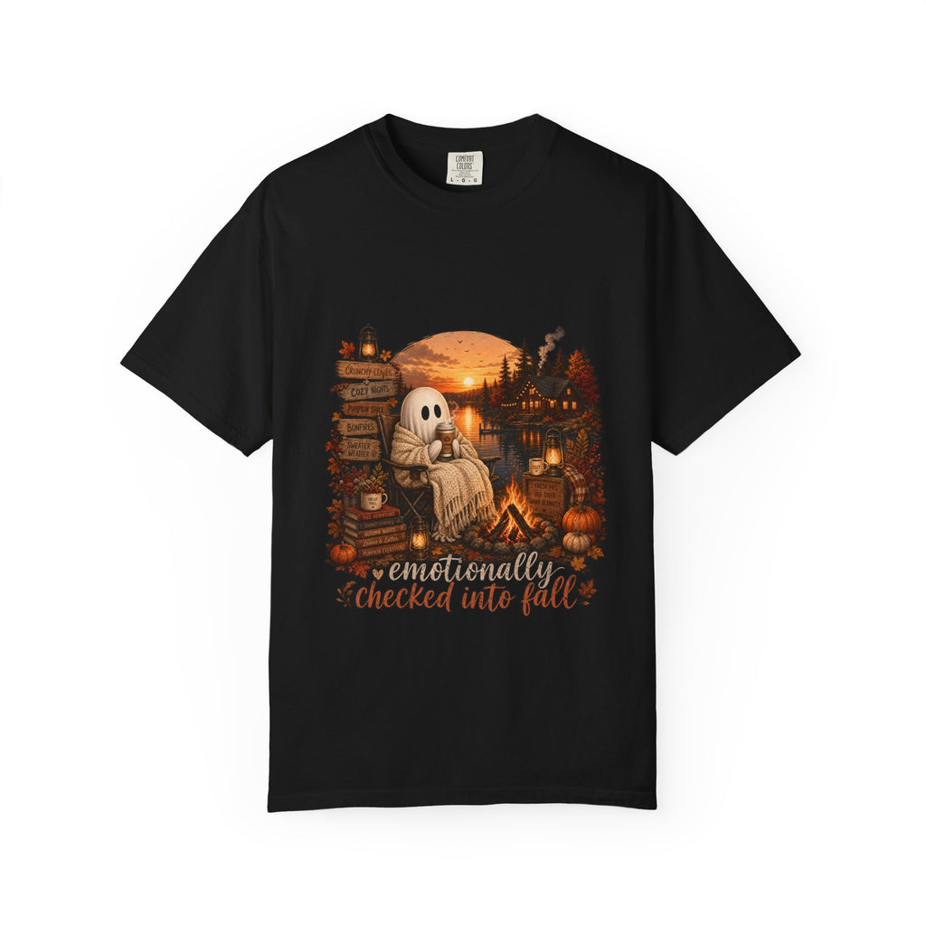Checked Into Fall T-Shirt — Cozy Ghost Autumn Graphic Tee