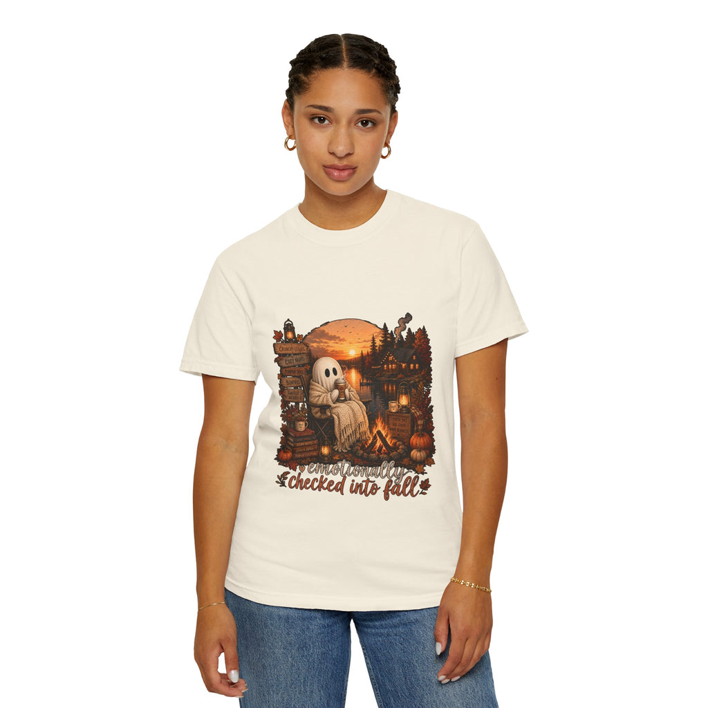 Checked Into Fall T-Shirt — Cozy Ghost Autumn Graphic Tee
