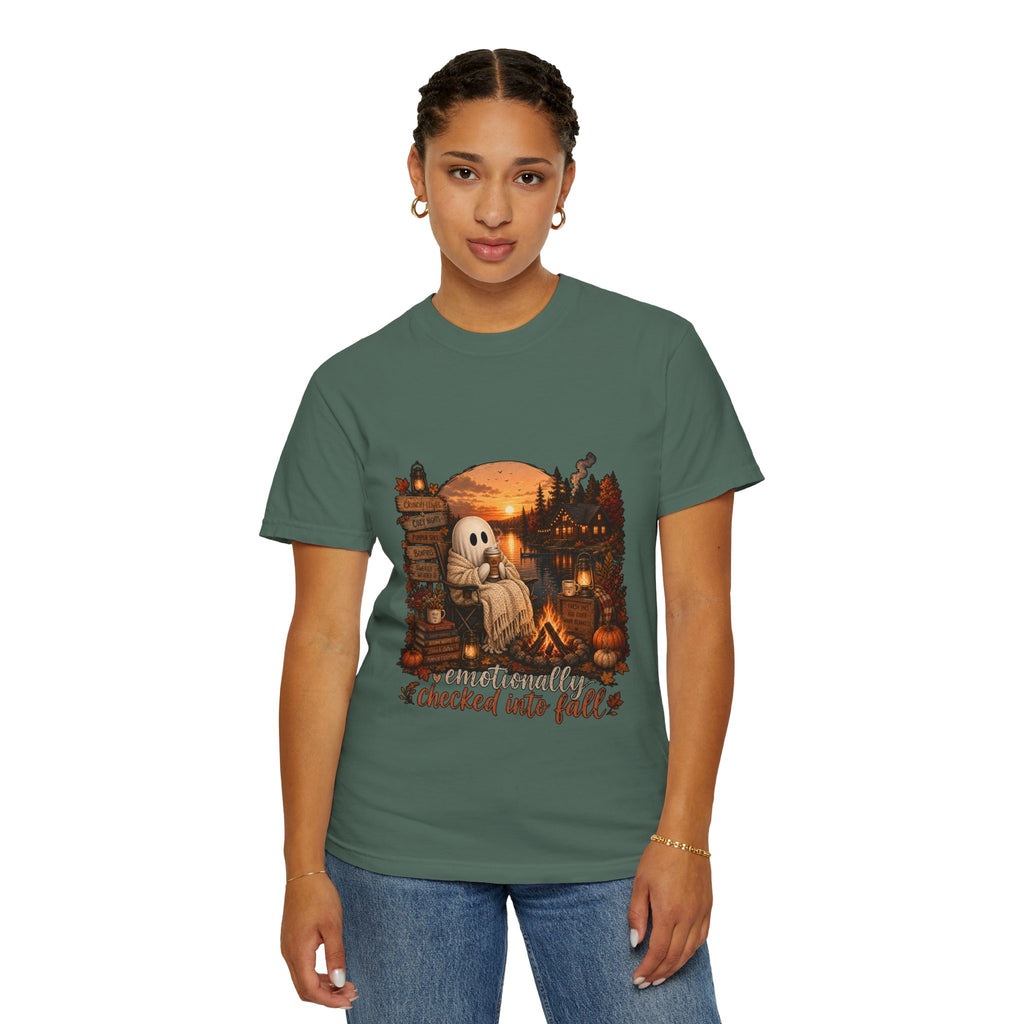 Checked Into Fall T-Shirt — Cozy Ghost Autumn Graphic Tee