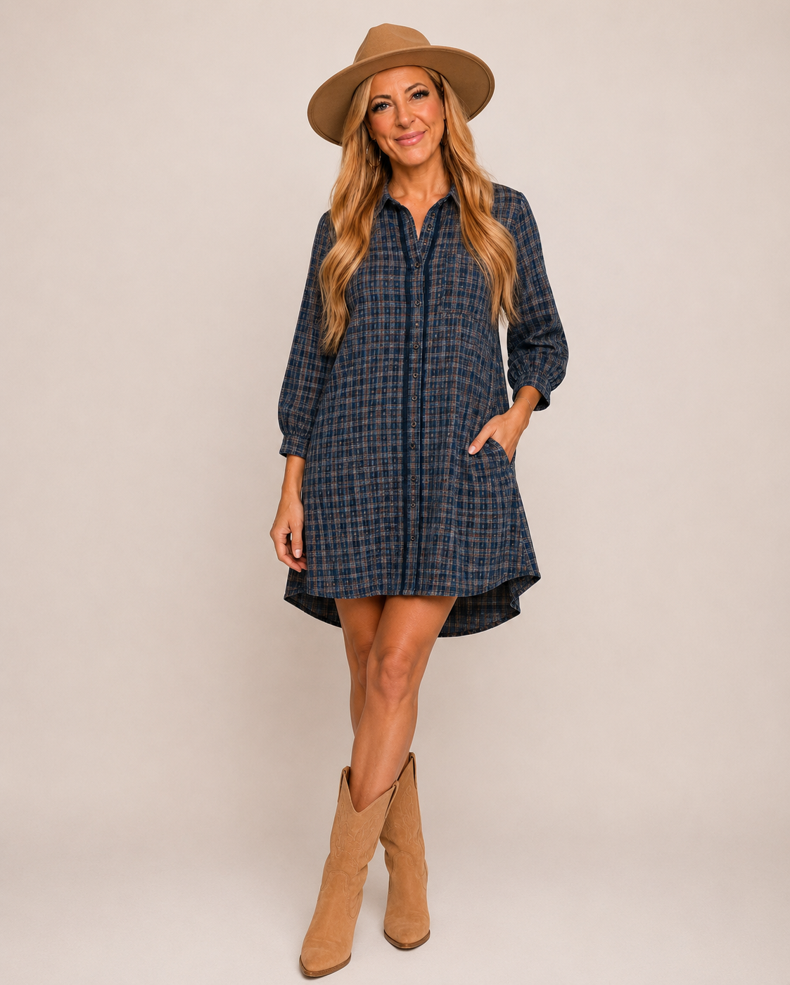 Umgee Plaid Button Down Oversized Shirt Dress